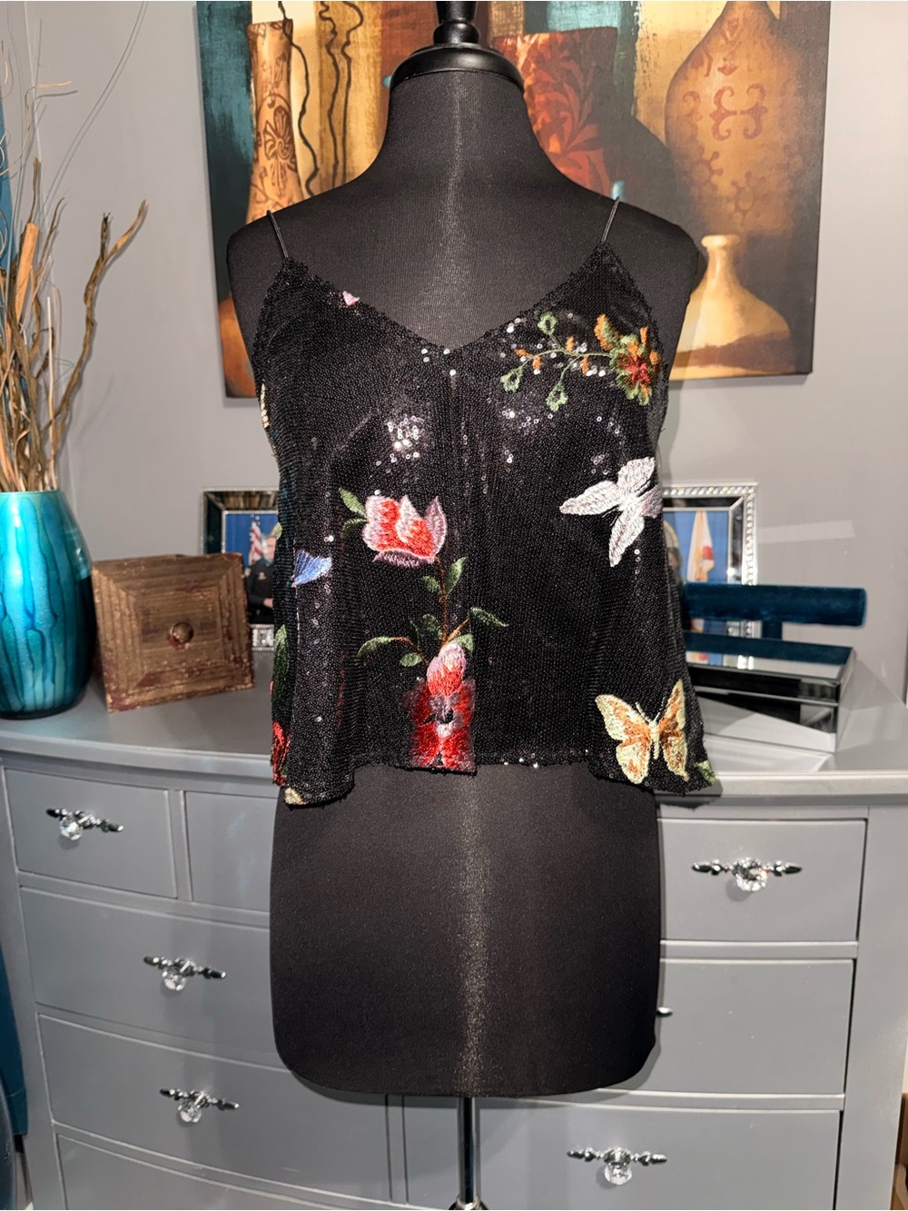 Black Sequin Floral & Butterfly Cami